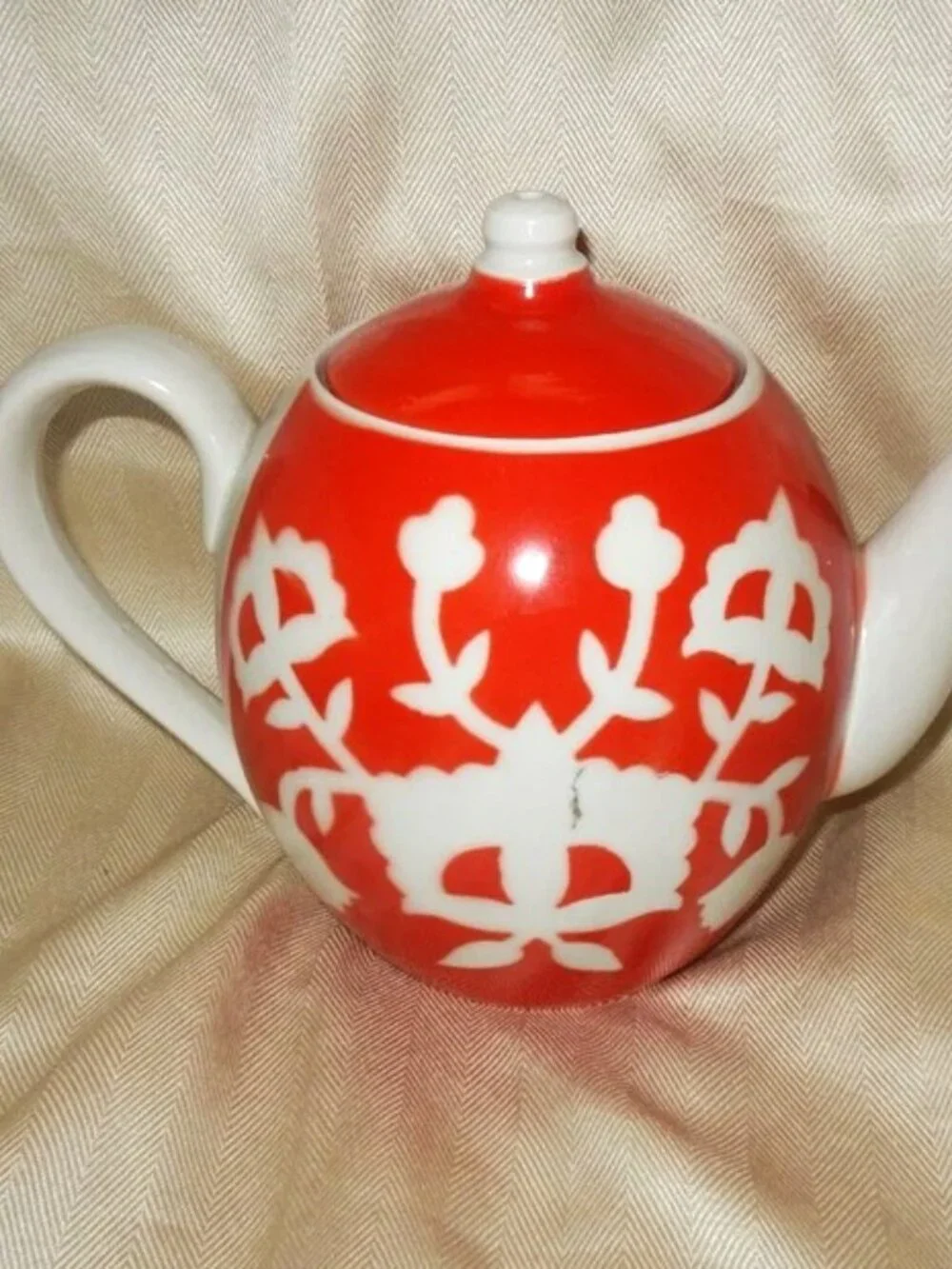 Vintage Soviet USSR Porcelain Teapot Red & White Deer Pattern